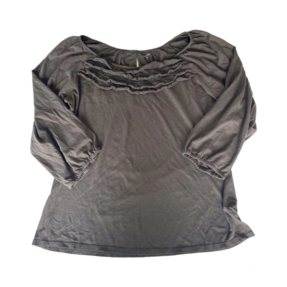 Garnet Hill Pima Cotton Ruffle Neck Top Gray 3/4 Sleeve Blouse Women’s Medium